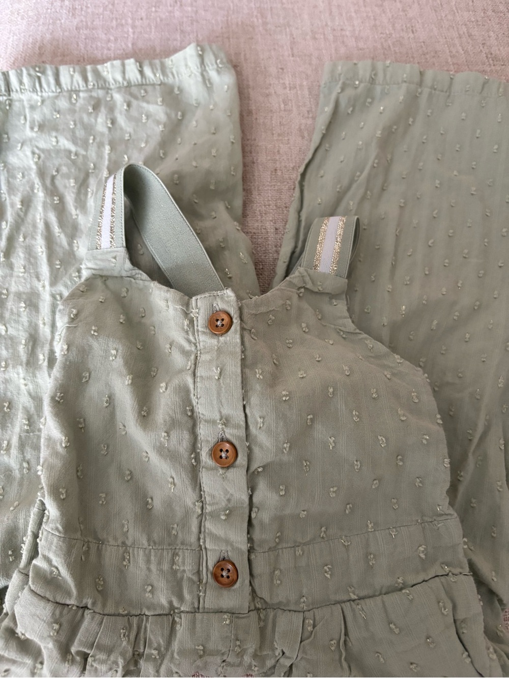 Light Sage Textured Button-Front One Piece Pant Tiny Sparkle on Straps 18Month